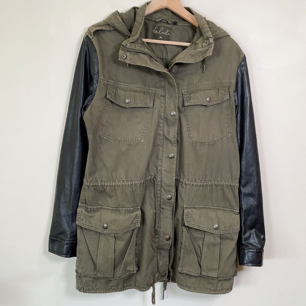 ARITZIA | TALULA TROPER ARMY UTILITY FAUX LEATHER SLEEVE JACKET - Picture 4 of 16